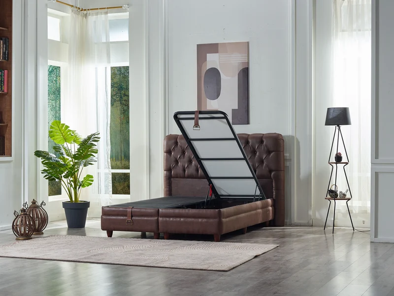 Boxspringbett HEAVEN Cognac Set Samt Matratze Topper inklusive 160x200 - 180x200