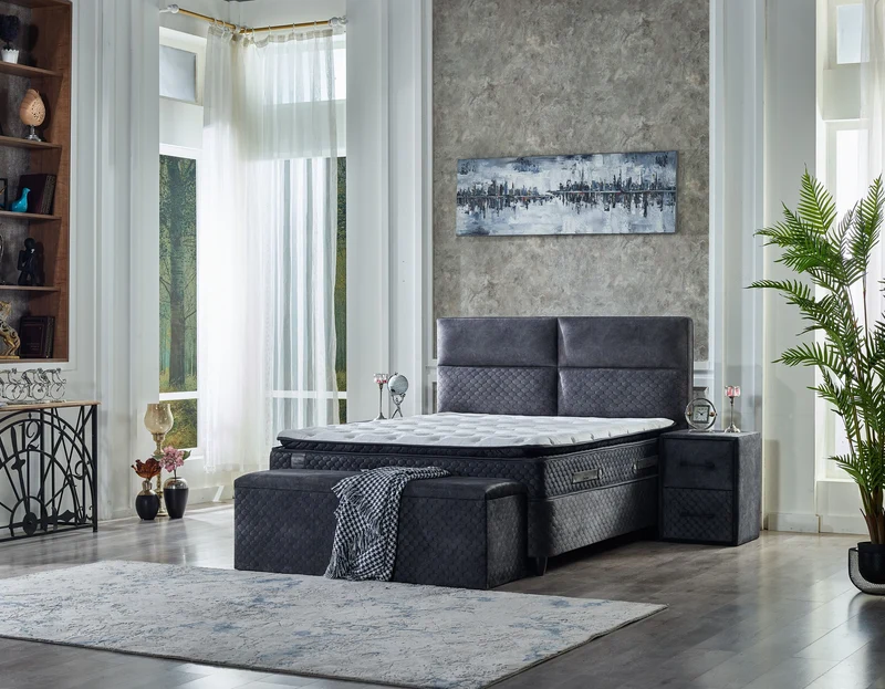 Boxspringbett FOCUS Night Blue Velvet Set Samt Matratze Topper inklusive 160x200 - 180x200