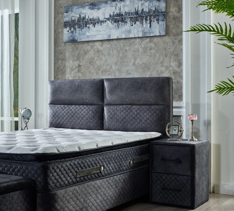 Boxspringbett FOCUS Night Blue Velvet Set Samt Matratze Topper inklusive 160x200 - 180x200