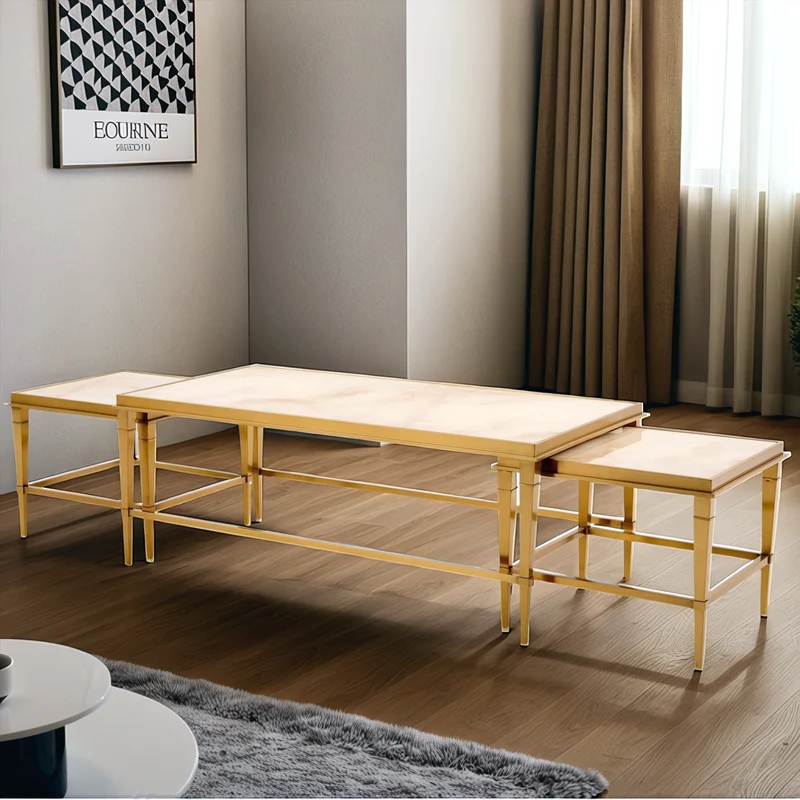 Beistelltisch Couchtisch massive echt-Marmorplatte weiß (3er-Set) vergoldeten Edelstahlbeinen 130x70cm