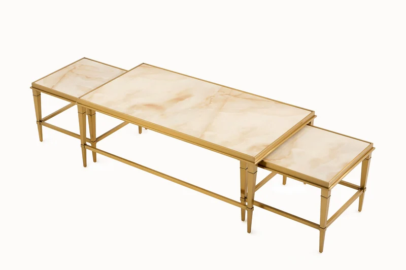 Beistelltisch Couchtisch massive echt-Marmorplatte weiß (3er-Set) vergoldeten Edelstahlbeinen 130x70cm