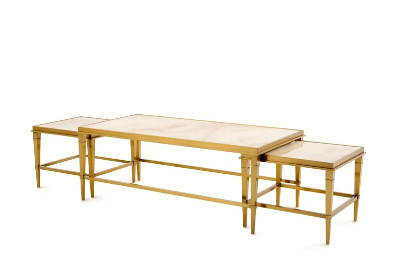 Beistelltisch Couchtisch massive echt-Marmorplatte weiß (3er-Set) vergoldeten Edelstahlbeinen 130x70cm