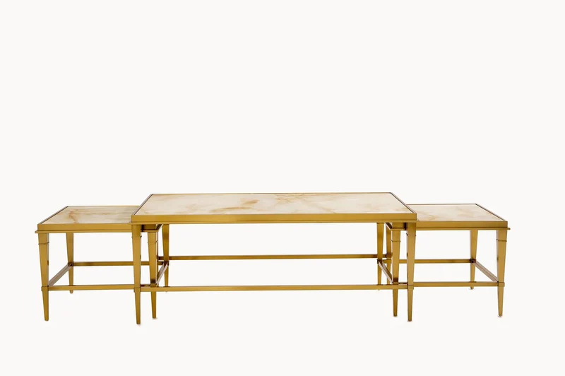 Beistelltisch Couchtisch massive echt-Marmorplatte weiß (3er-Set) vergoldeten Edelstahlbeinen 130x70cm