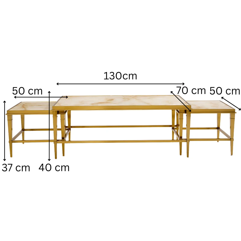Beistelltisch Couchtisch massive echt-Marmorplatte weiß (3er-Set) vergoldeten Edelstahlbeinen 130x70cm