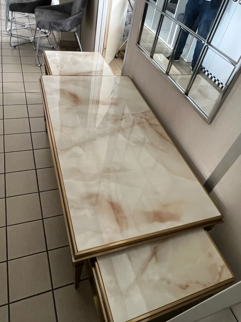 Beistelltisch Couchtisch massive echt-Marmorplatte weiß (3er-Set) vergoldeten Edelstahlbeinen 130x70cm