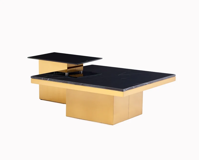 Edles Couchtische 2er Set mit schwarzer Marmorplatte goldener Rahmen 90cm Kaffeetisch Couchtisch Wohnzimmertisch