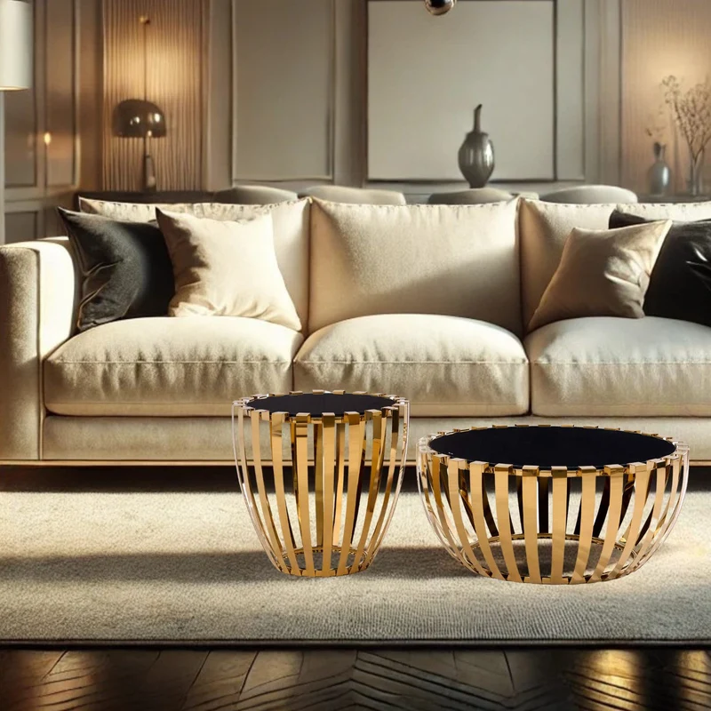 Couchtisch 2er Set in gold mit gehärtete Glasplatte