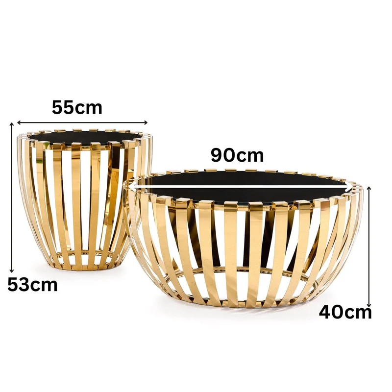 Couchtisch 2er Set in gold mit gehärtete Glasplatte