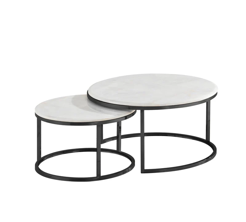 Couchtisch 2er Set mit Marmorplatte in weiß und schwarzen Edelstahlbeinen