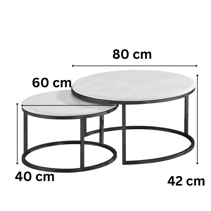 Couchtisch 2er Set mit Marmorplatte in weiß und schwarzen Edelstahlbeinen