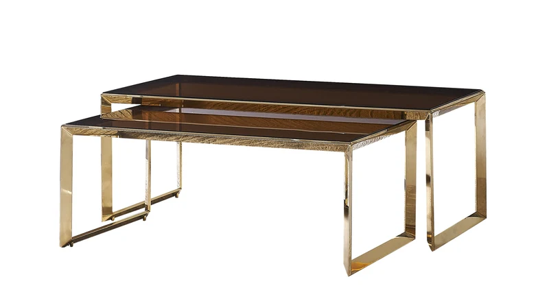 Couchtisch 2er Set aus braunem gehärtetem Glas mit vergoldenden Edelstahlbeinen