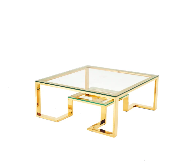 Design-Couchtisch "AUREA" – Quadratischer Glas-Wohnzimmertisch mit geometrischem Gold-Gestell