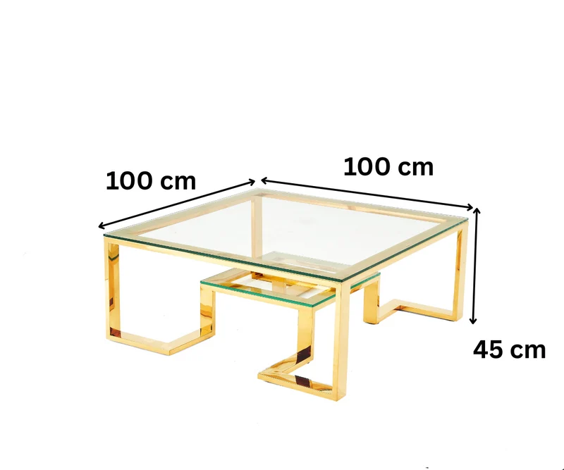 Design-Couchtisch "AUREA" – Quadratischer Glas-Wohnzimmertisch mit geometrischem Gold-Gestell