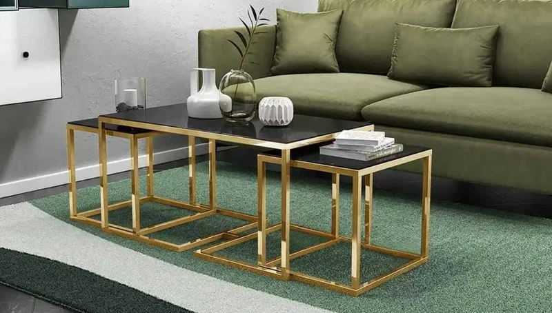 Melissa Gold Couchtisch Beistelltisch Set schwarzes Glas 3 teilig