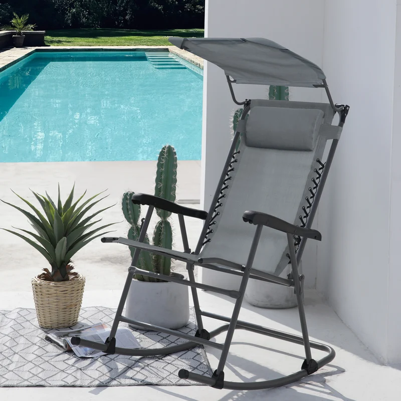 Faltbarer Schaukelstuhl mit Sonnenschutz, Kopfstütze und Armlehne