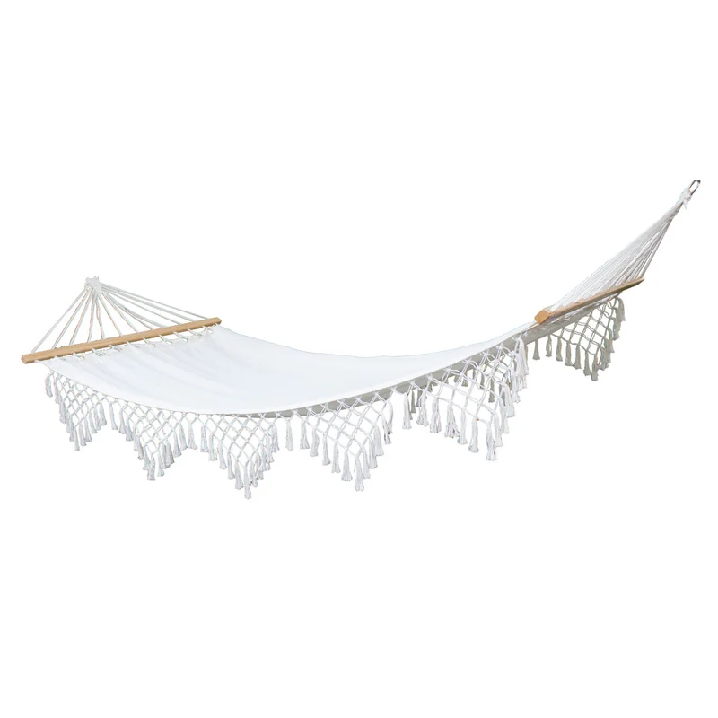 Luxushängematte mit Schmucksaum Boho Holzrahmen Macramé Baumwolle Beige