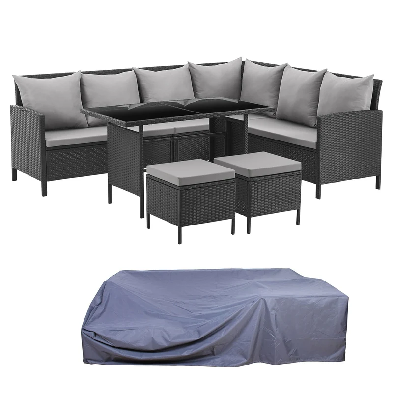 MADISON Essgruppe Set Abdeckhaube Rattan-Lounge Garnitur Schwarz