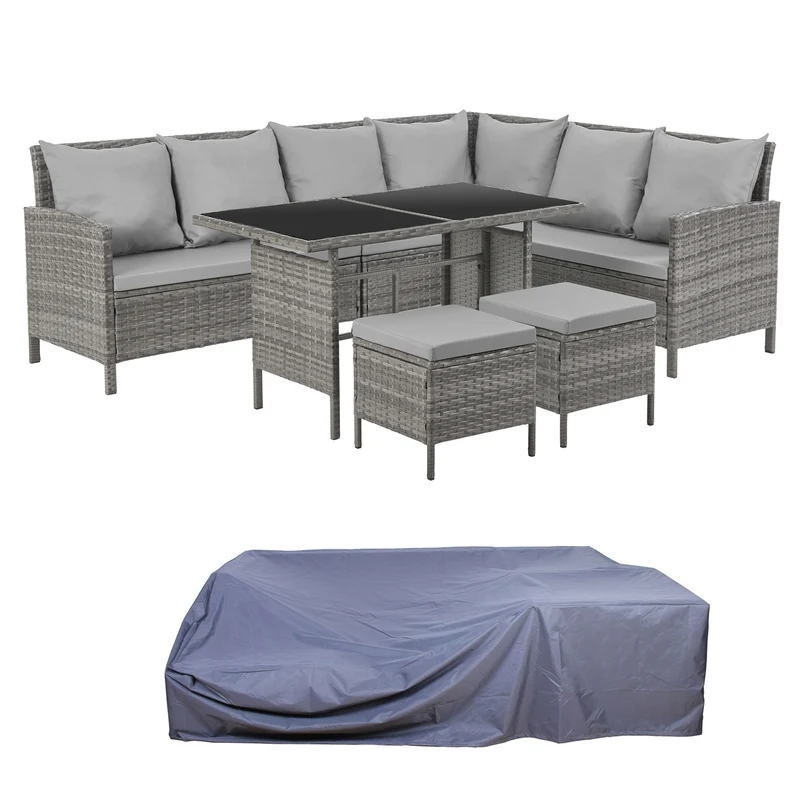 MADISON Set Poly-Rattan Garten-Lounge Rattan-Set Abdeckhaube Grau