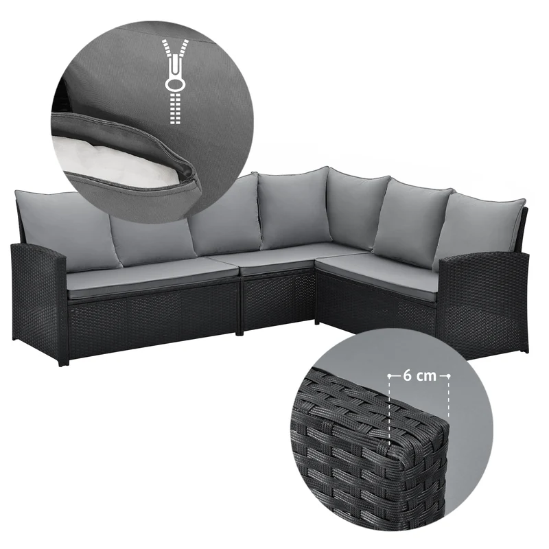 MONROE Garten-Lounge Set Abdeckhaube Polyrattan Lounge-Möbel Sitzgruppe Schwarz