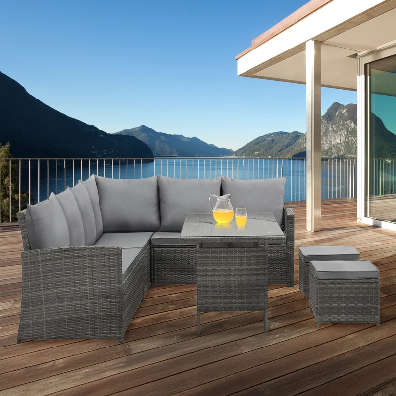 MONROE Garten-Lounge Set Outdoor Rattanlounge Essgruppe Polyrattan Lounge-Möbel Sitzgruppe Schwarz/Grau/Braun
