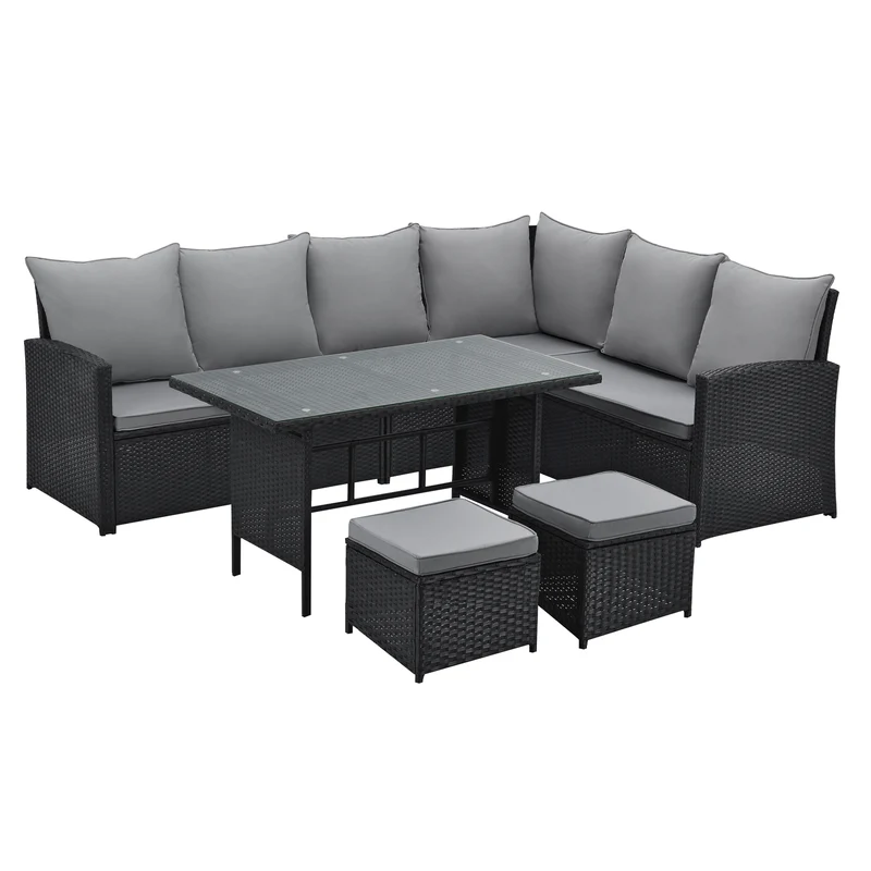 MONROE Garten-Lounge Set Outdoor Rattanlounge Essgruppe Polyrattan Lounge-Möbel Sitzgruppe Schwarz/Grau/Braun