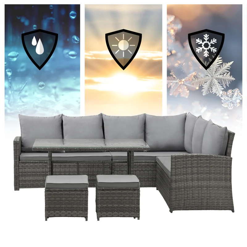 MONROE Garten-Lounge Set Outdoor Rattanlounge Essgruppe Polyrattan Lounge-Möbel Sitzgruppe Schwarz/Grau/Braun