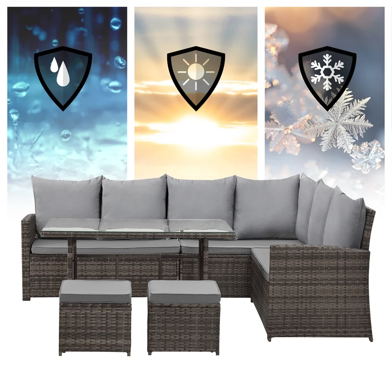 MONROE Garten-Lounge Set Outdoor Rattanlounge Essgruppe Polyrattan Lounge-Möbel Sitzgruppe Schwarz/Grau/Braun