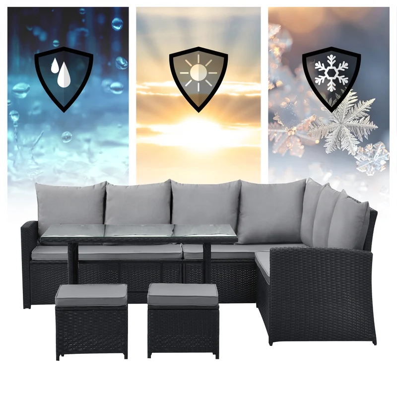 MONROE Garten-Lounge Set Outdoor Rattanlounge Essgruppe Polyrattan Lounge-Möbel Sitzgruppe Schwarz/Grau/Braun