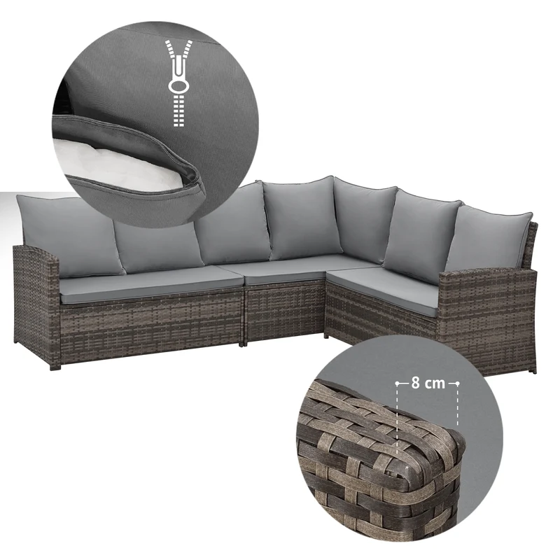 MONROE Garten-Lounge Set Outdoor Rattanlounge Essgruppe Polyrattan Lounge-Möbel Sitzgruppe Schwarz/Grau/Braun