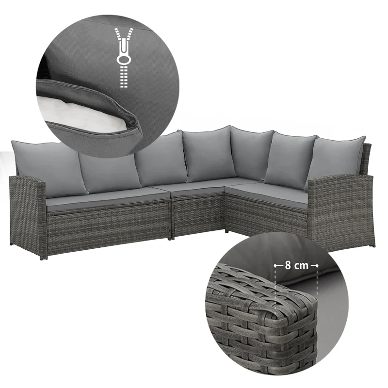MONROE Garten-Lounge Set Outdoor Rattanlounge Essgruppe Polyrattan Lounge-Möbel Sitzgruppe Schwarz/Grau/Braun