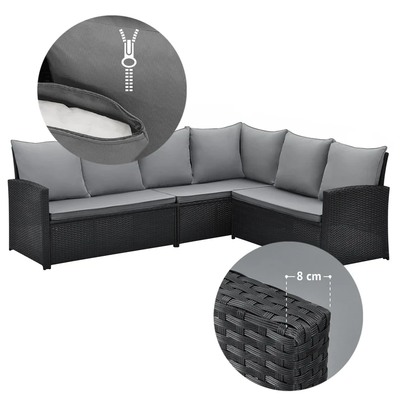 MONROE Garten-Lounge Set Outdoor Rattanlounge Essgruppe Polyrattan Lounge-Möbel Sitzgruppe Schwarz/Grau/Braun