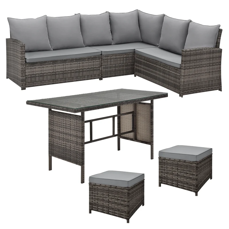 MONROE Garten-Lounge Set Outdoor Rattanlounge Essgruppe Polyrattan Lounge-Möbel Sitzgruppe Schwarz/Grau/Braun