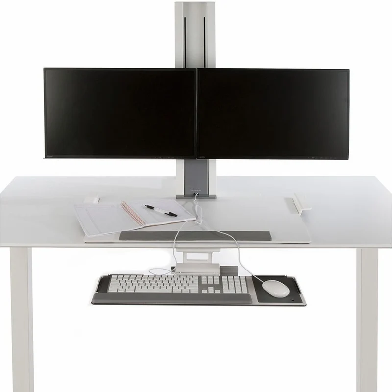 Humanscale QuickStand Sit-Stand Workstation – Black, Two-Screen Crossbar, Large Platform