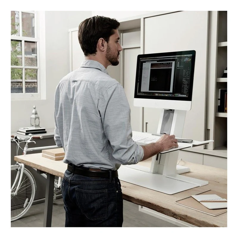 Humanscale QuickStand Sit-Stand Workstation – Black, Two-Screen Crossbar, Large Platform