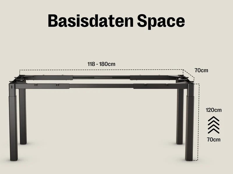 Maidesite Space – Höhenverstellbarer Schreibtisch mit 4 Beinen und L-Erweiterung