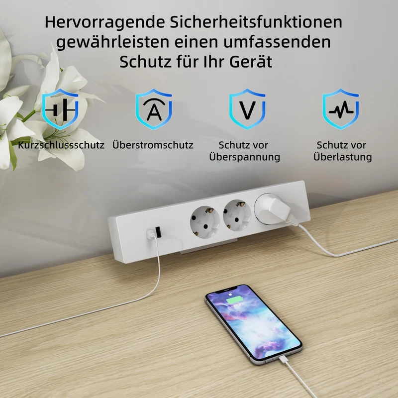 Maidesite 3 Fach Tischsteckdose mit USB C und A 1.8M Kabel Steckdosenleiste