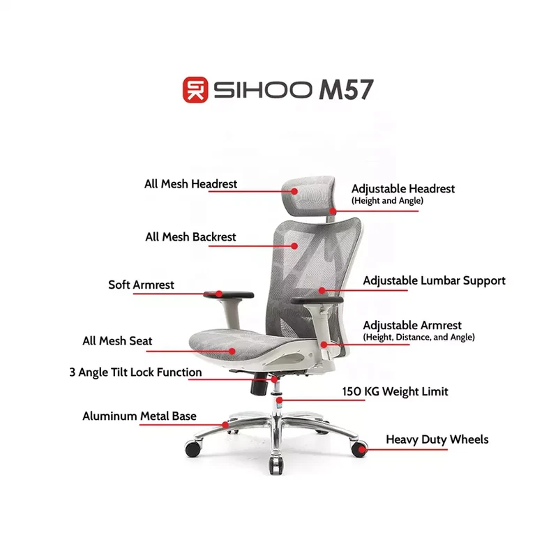 SIHOO M57 High Back Silla Ergonomic Chair Office Chair Grey Frame